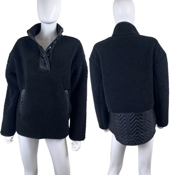 Athleta Womens Size S Black Cozy Sherpa Snap Sweatshirt Quilted Pullover NEW - Picture 1 of 17